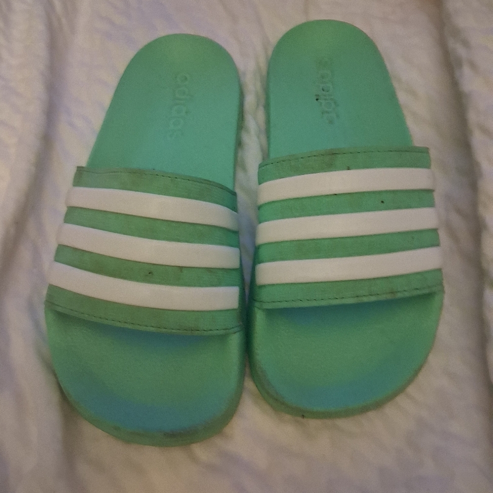 Adidas Mint Green Slides with White Stripes